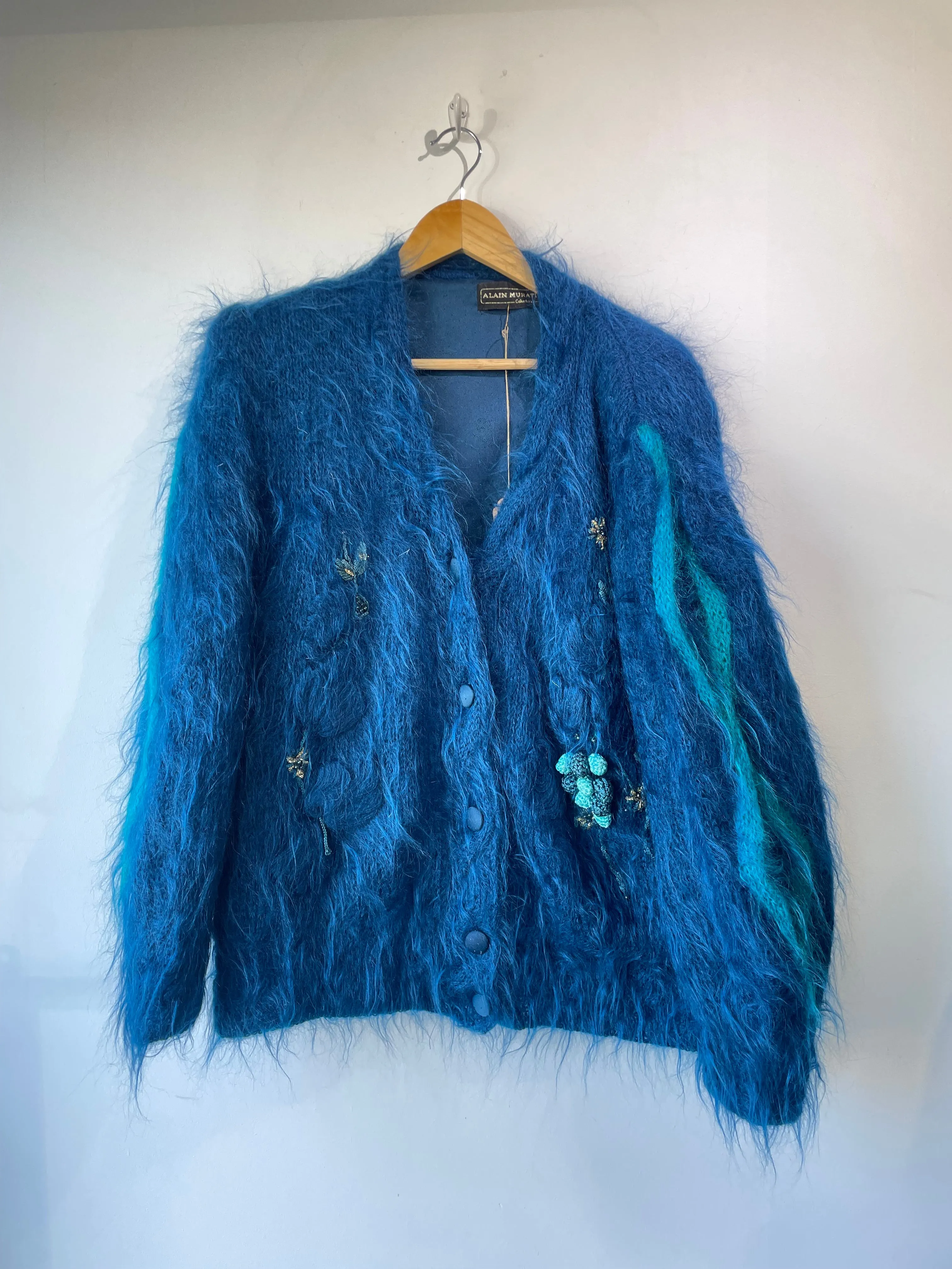 Vintage Alain Murati Ocean Blue Fuzzy Sweater Cardigan