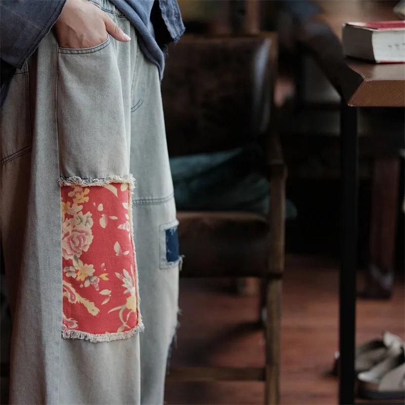 Vintage Bloom Patchwork Denim Pants