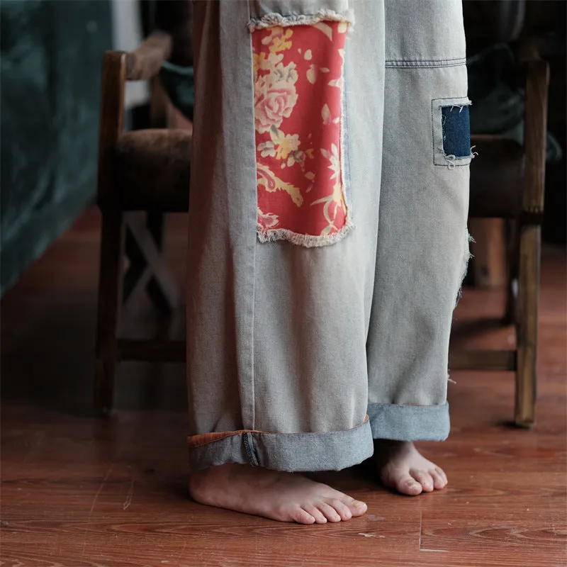 Vintage Bloom Patchwork Denim Pants