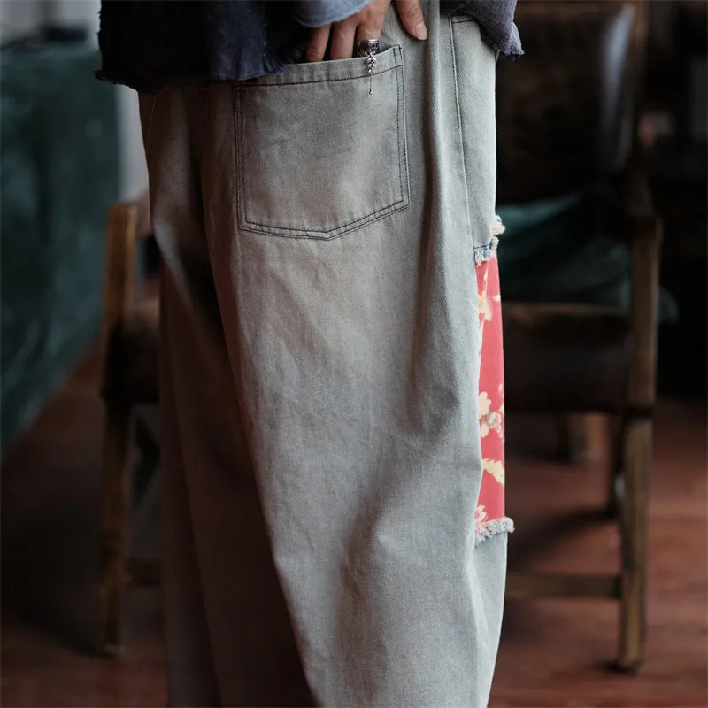 Vintage Bloom Patchwork Denim Pants
