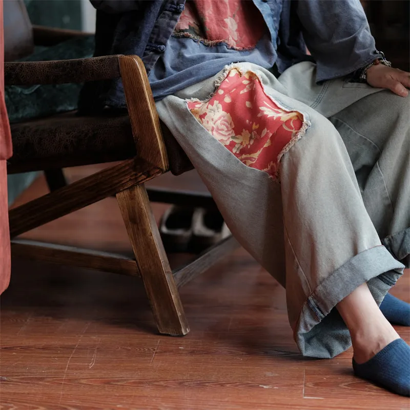 Vintage Bloom Patchwork Denim Pants