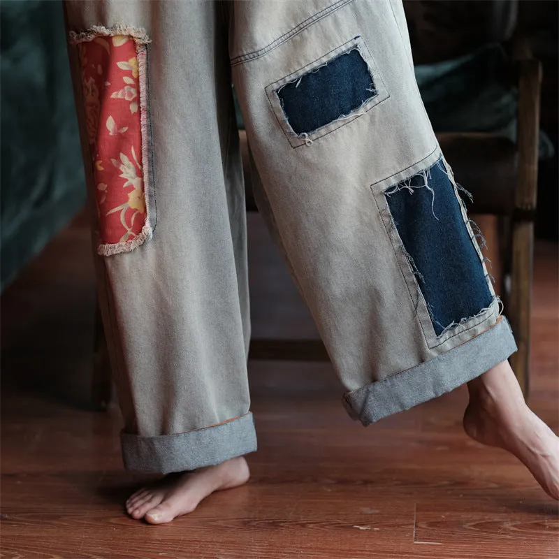 Vintage Bloom Patchwork Denim Pants