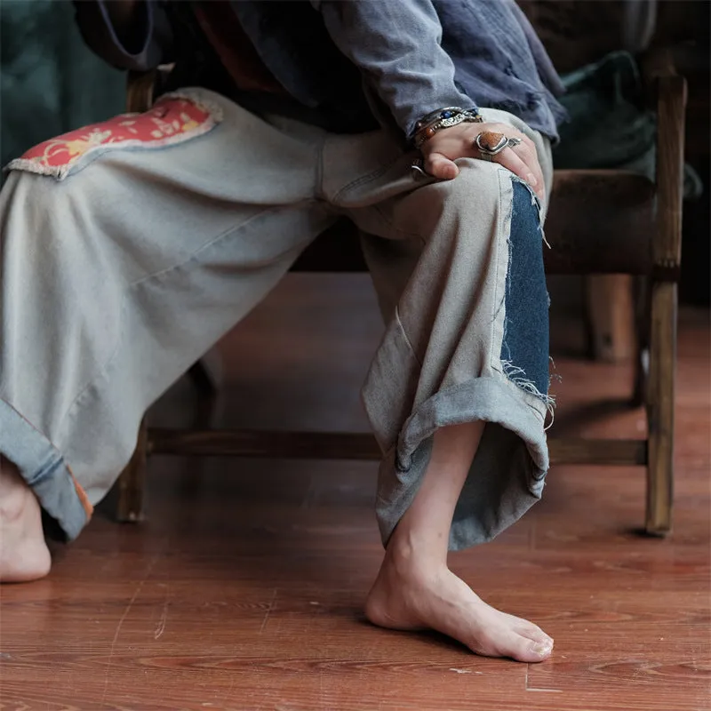 Vintage Bloom Patchwork Denim Pants