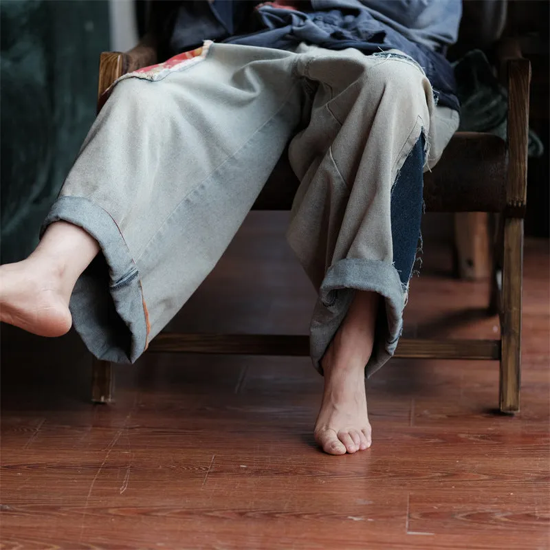 Vintage Bloom Patchwork Denim Pants