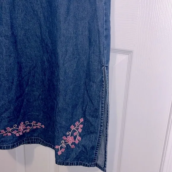 Vintage Denim Dress Womens Large Long Embroidered Sleeveless Floral Midi Maxi