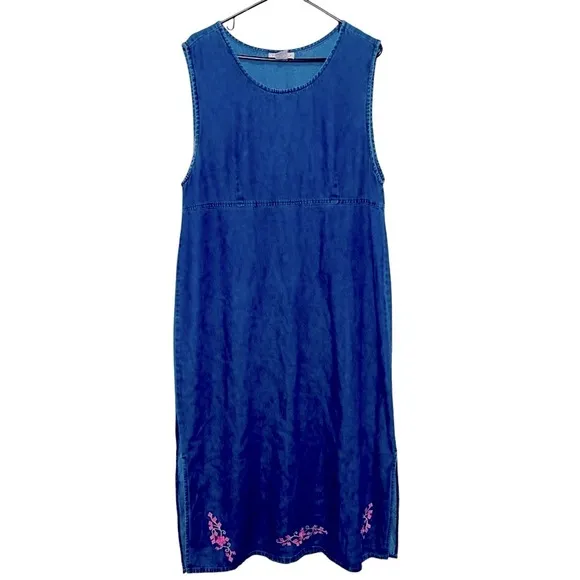 Vintage Denim Dress Womens Large Long Embroidered Sleeveless Floral Midi Maxi