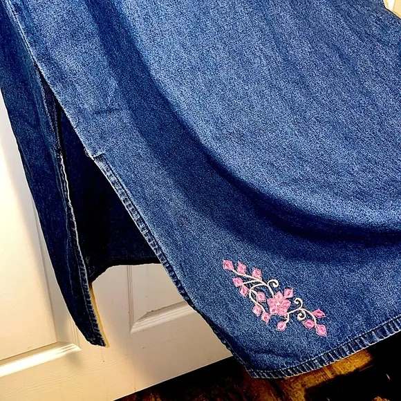 Vintage Denim Dress Womens Large Long Embroidered Sleeveless Floral Midi Maxi