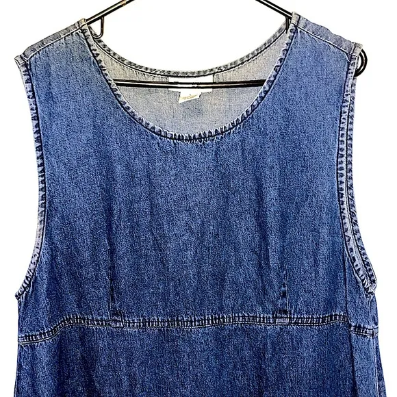 Vintage Denim Dress Womens Large Long Embroidered Sleeveless Floral Midi Maxi