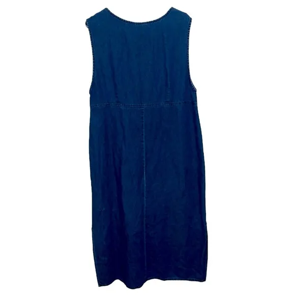 Vintage Denim Dress Womens Large Long Embroidered Sleeveless Floral Midi Maxi