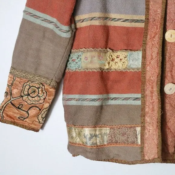 Vintage Flashback Boho Patchwork Tapestry Button Jacket Floral Striped Cotton