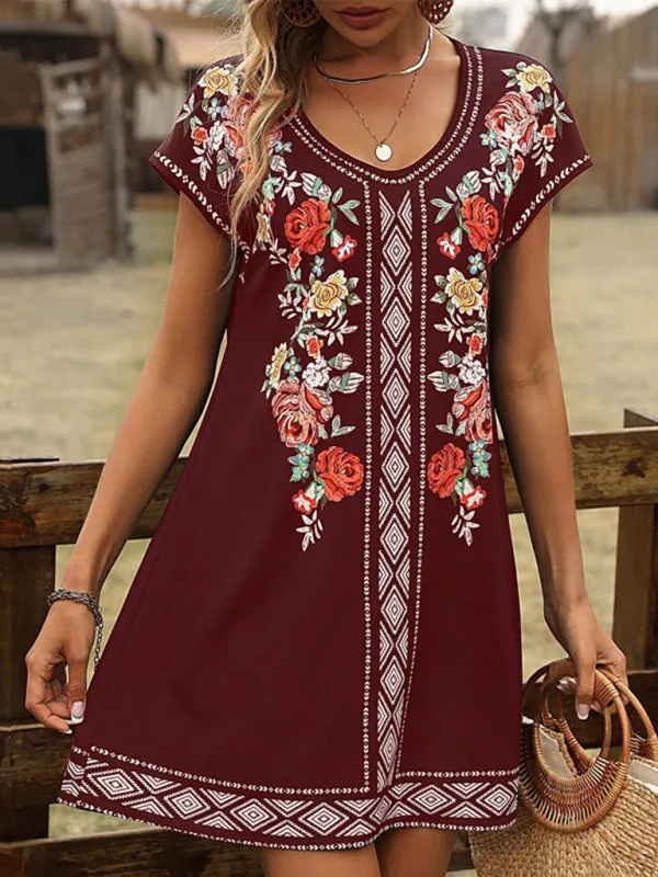 Vintage Floral Print Dress with Embroidered Details