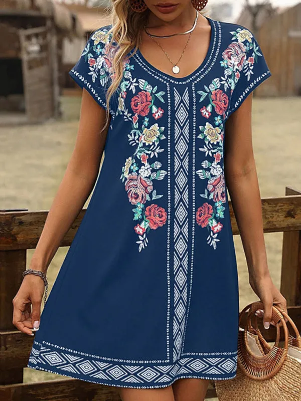 Vintage Floral Print Dress with Embroidered Details