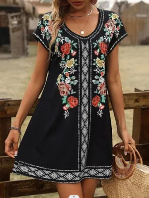 Vintage Floral Print Dress with Embroidered Details