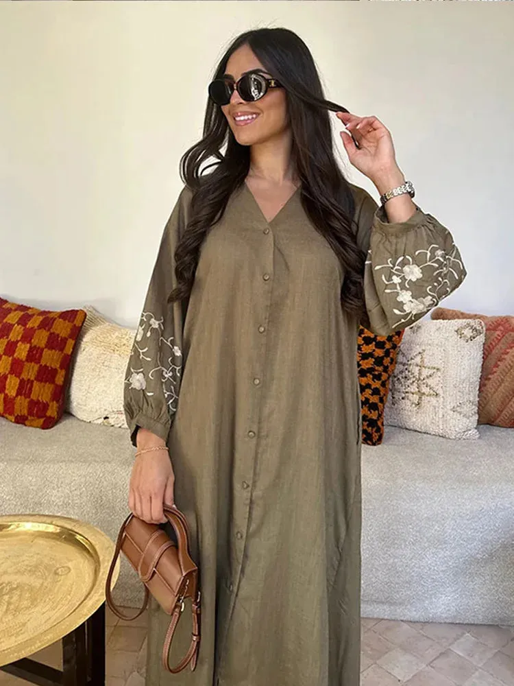 Vintage Flower Embroidery Print Lace-up - Midi Dress