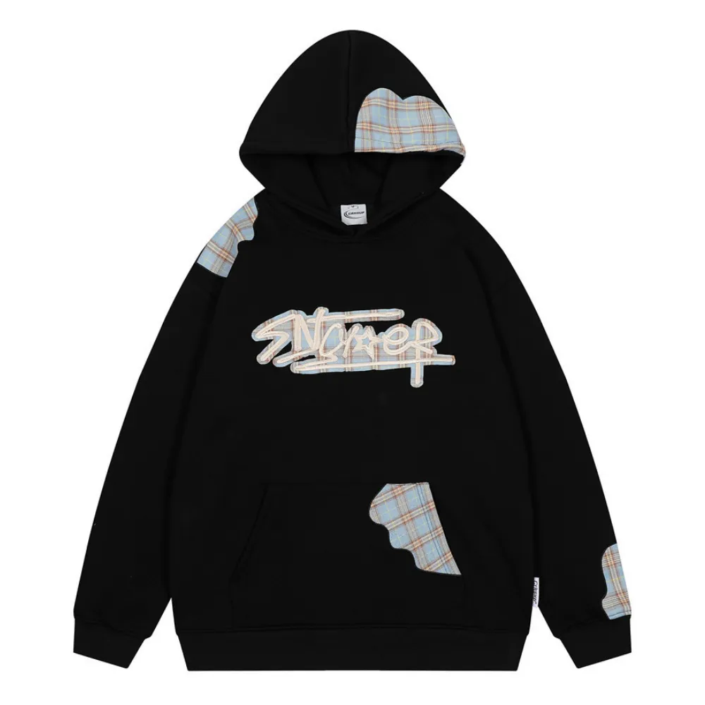 Vintage Letter Plaid Patch Hoodie