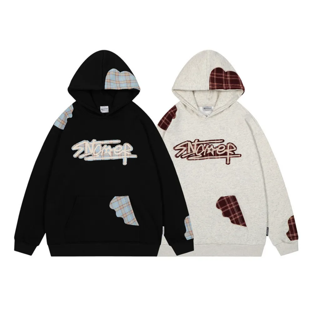 Vintage Letter Plaid Patch Hoodie