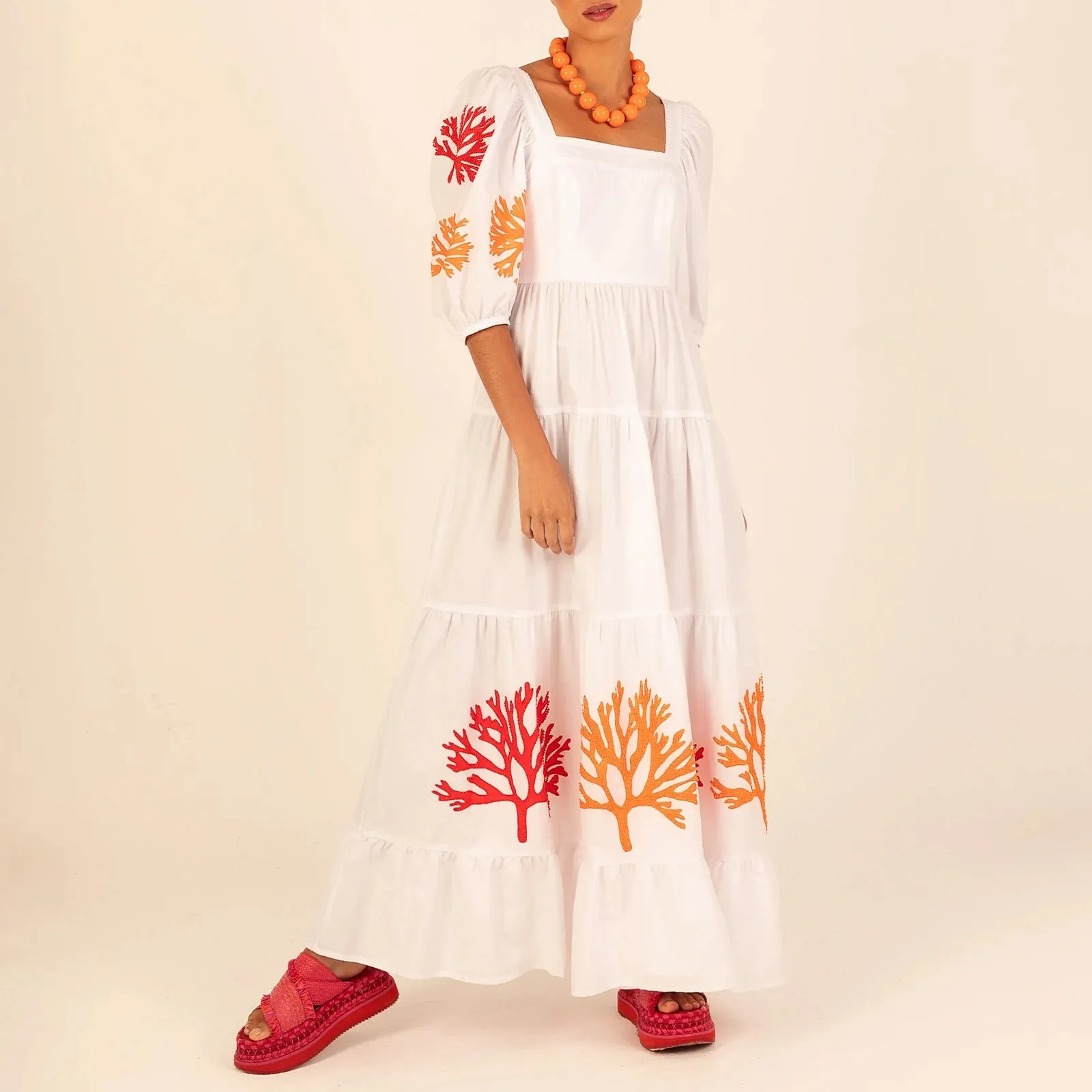 Vintage Maxi Dress - Floral Embroidery Smocked Square Neck