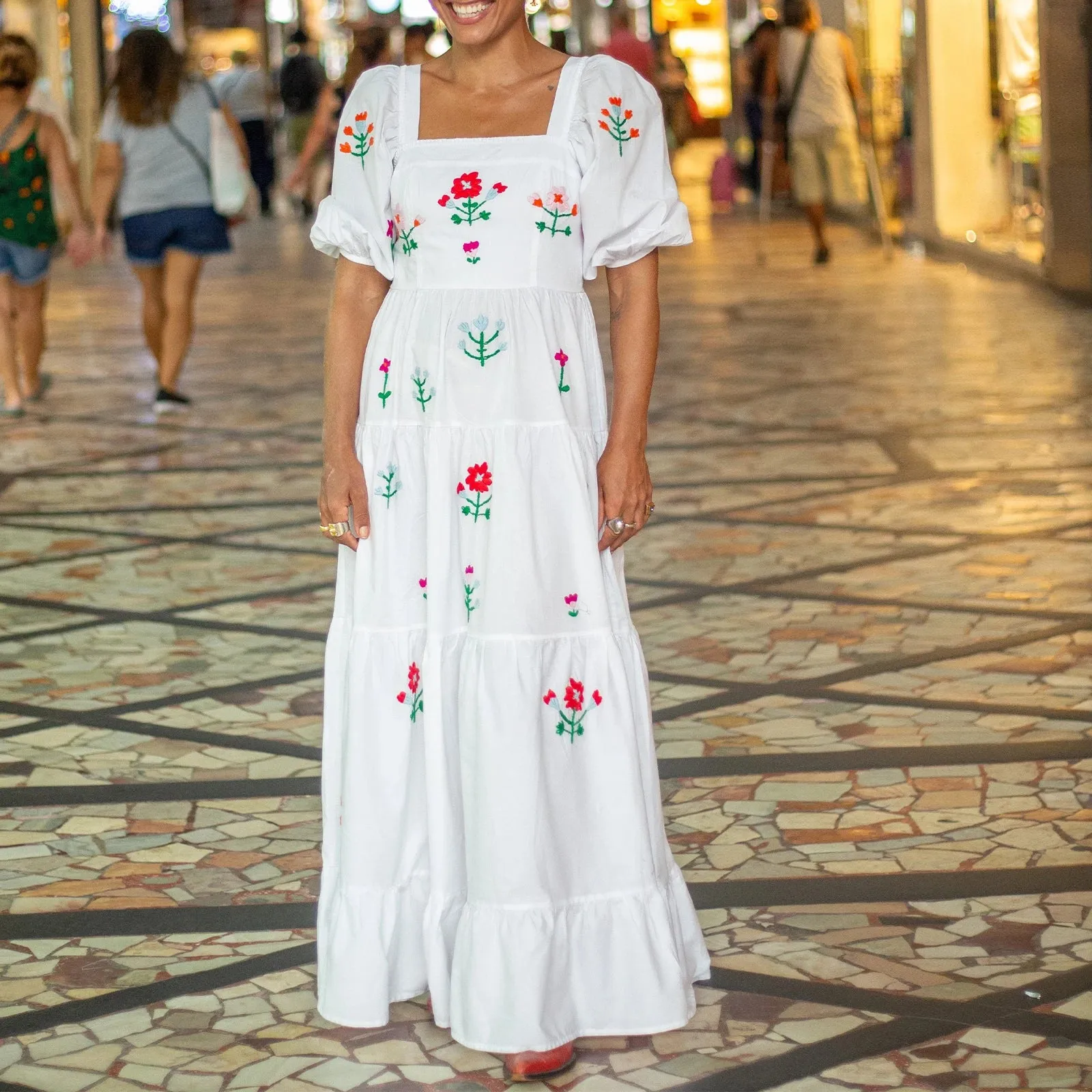 Vintage Maxi Dress - Floral Embroidery Smocked Square Neck