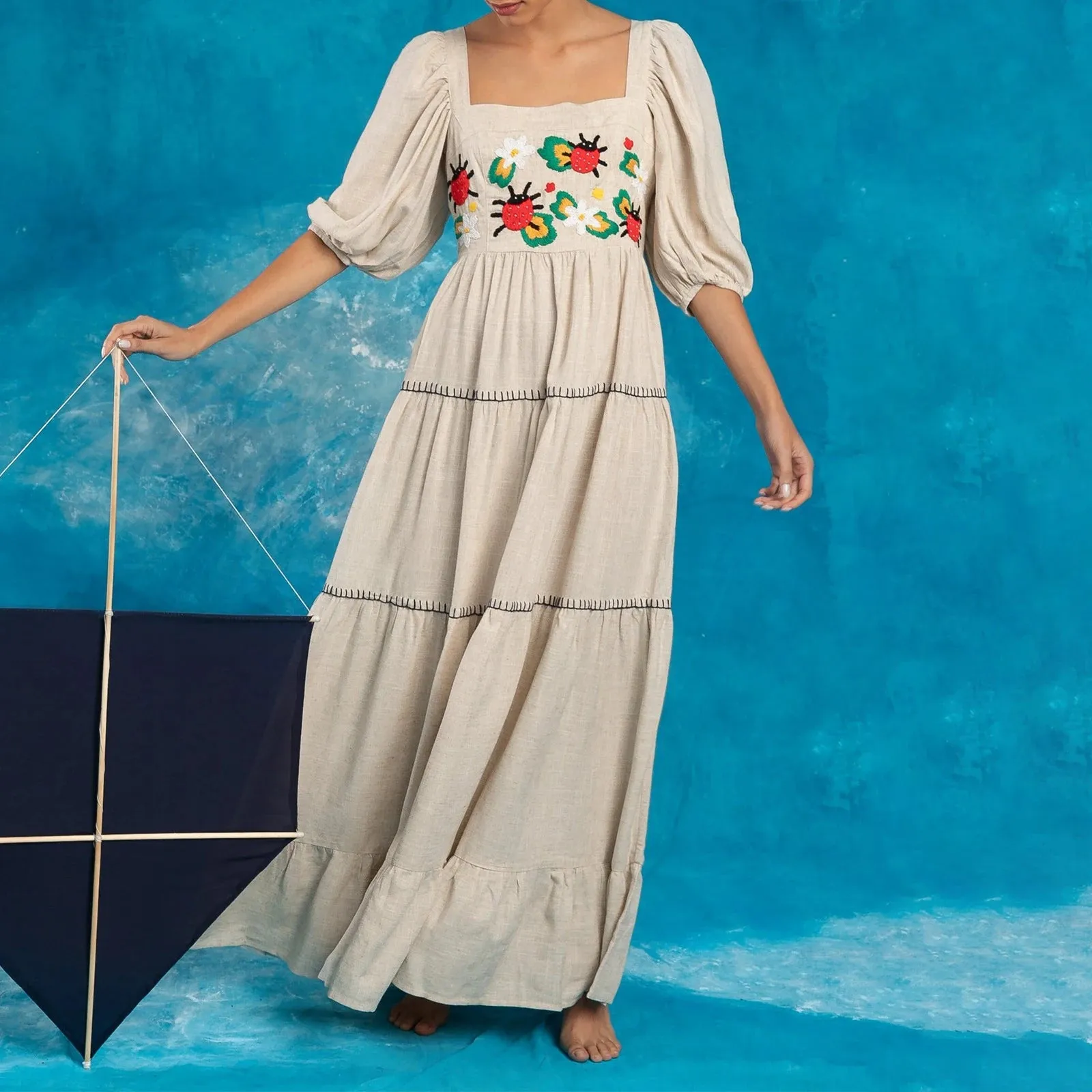 Vintage Maxi Dress - Floral Embroidery Smocked Square Neck