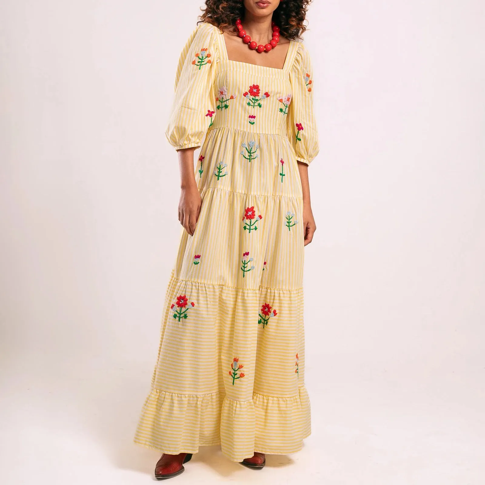 Vintage Maxi Dress - Floral Embroidery Smocked Square Neck