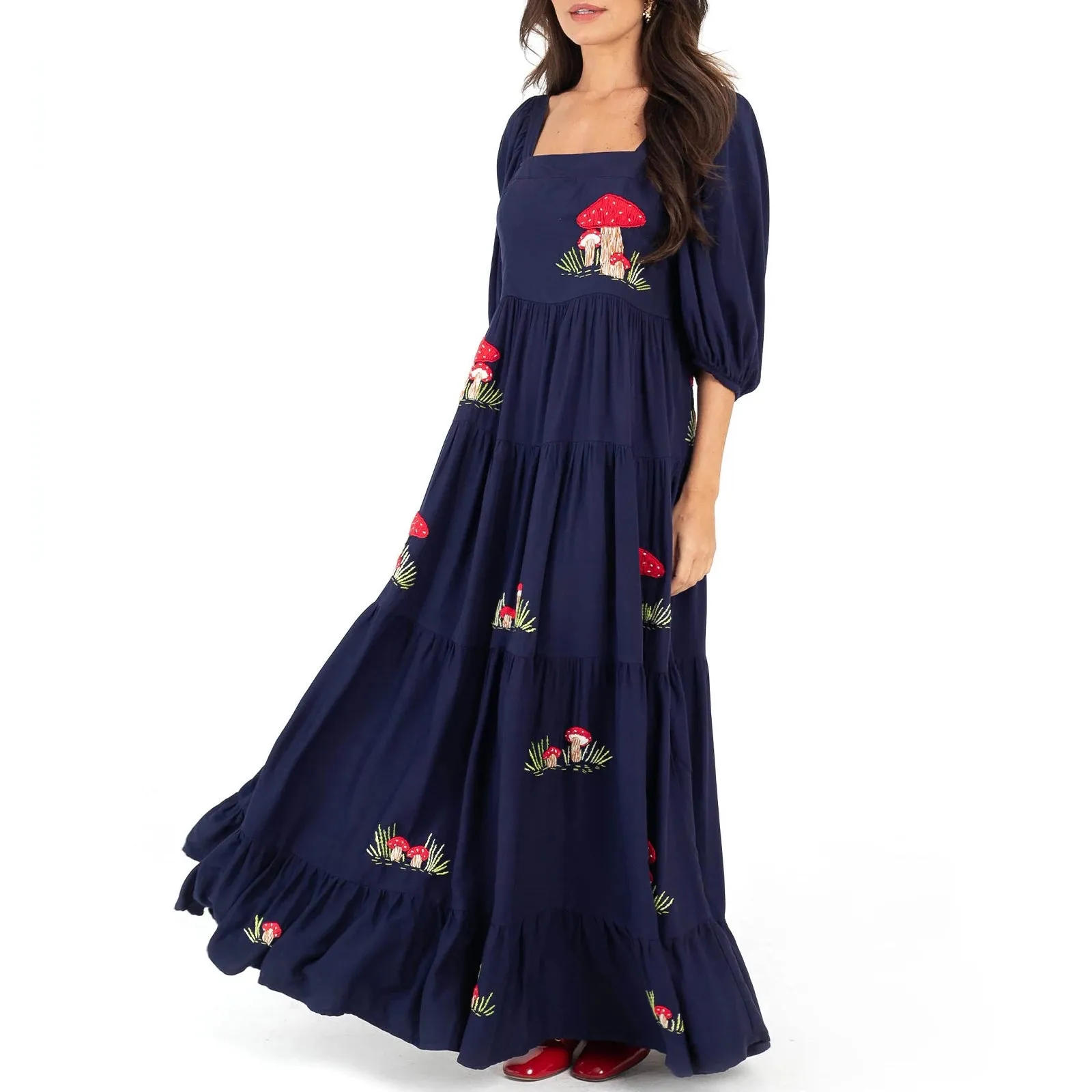 Vintage Maxi Dress - Floral Embroidery Smocked Square Neck