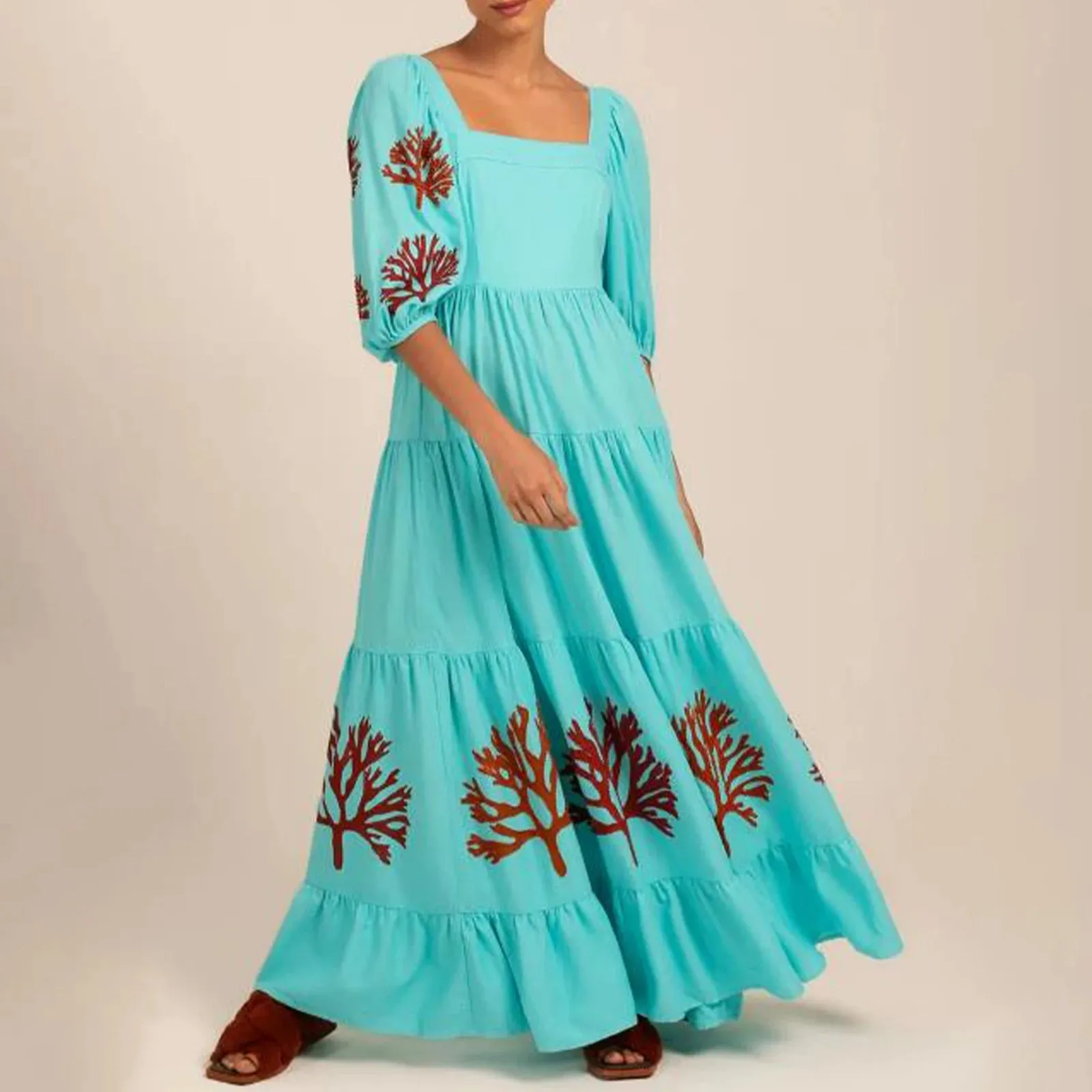 Vintage Maxi Dress - Floral Embroidery Smocked Square Neck