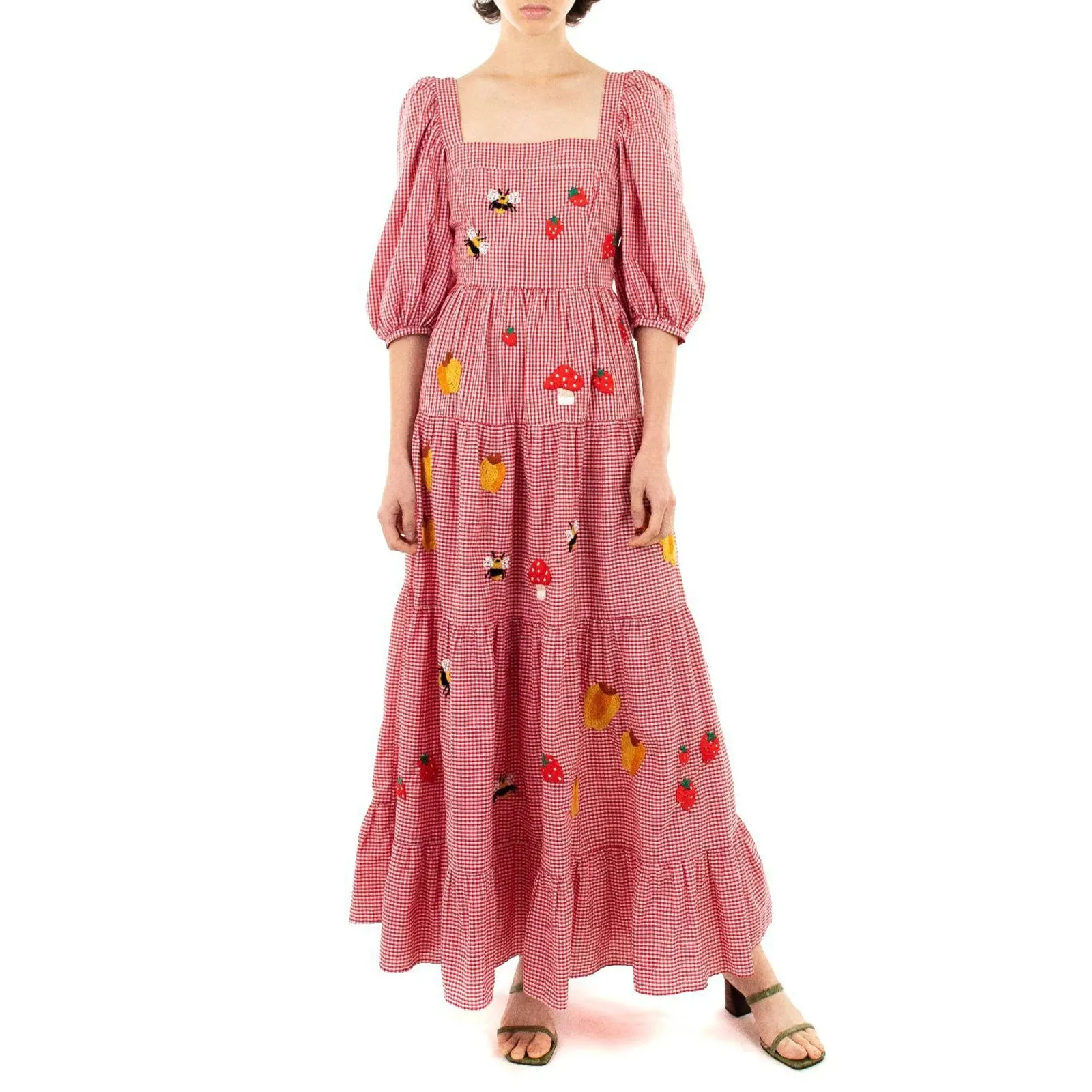 Vintage Maxi Dress - Floral Embroidery Smocked Square Neck