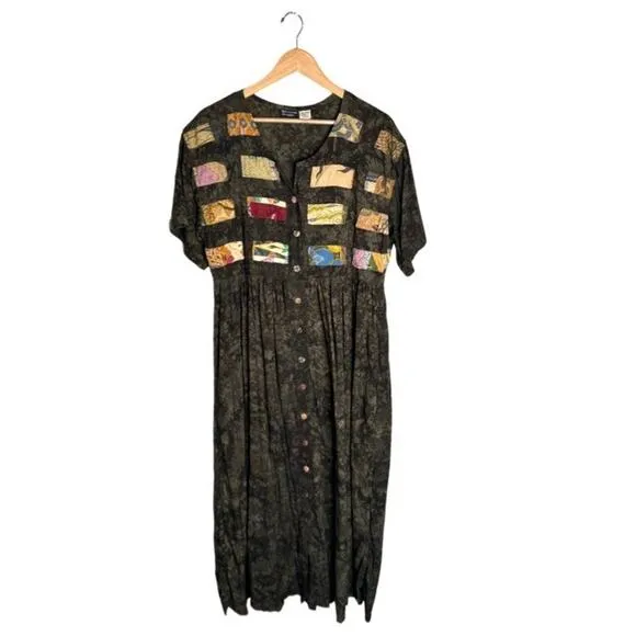Vintage Nativewear Designs Dress Size Large Patchwork Green Round Neck Maxi