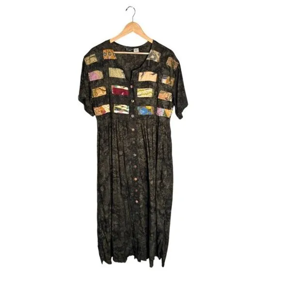 Vintage Nativewear Designs Dress Size Large Patchwork Green Round Neck Maxi