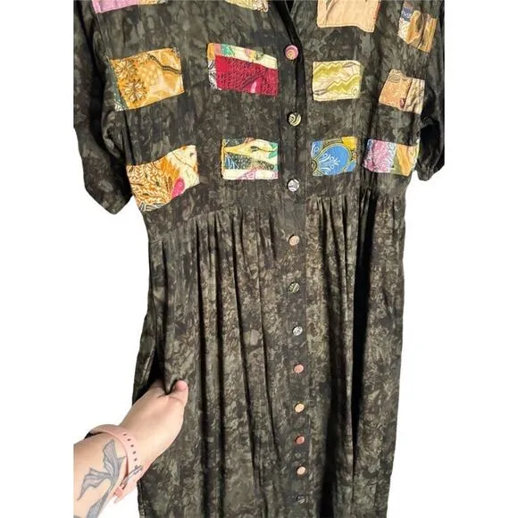 Vintage Nativewear Designs Dress Size Large Patchwork Green Round Neck Maxi