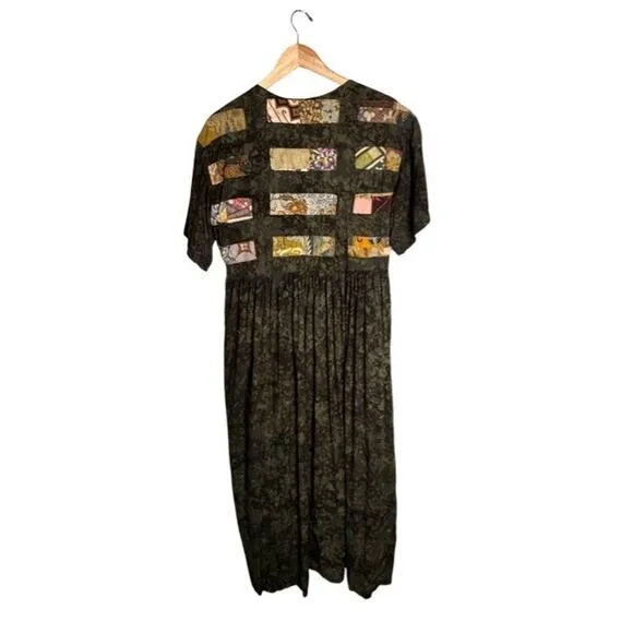 Vintage Nativewear Designs Dress Size Large Patchwork Green Round Neck Maxi