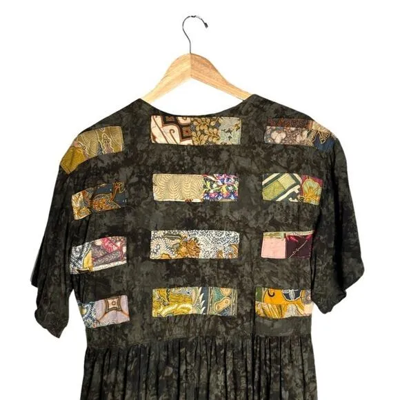 Vintage Nativewear Designs Dress Size Large Patchwork Green Round Neck Maxi