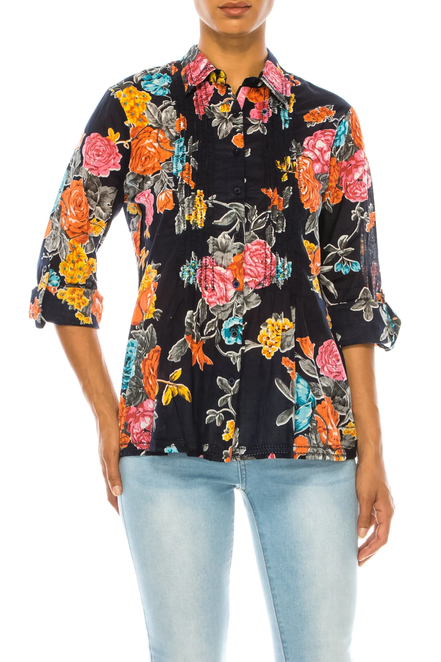 Vintage Navy Floral Shirt with Lace Inserts and Pin Tucks