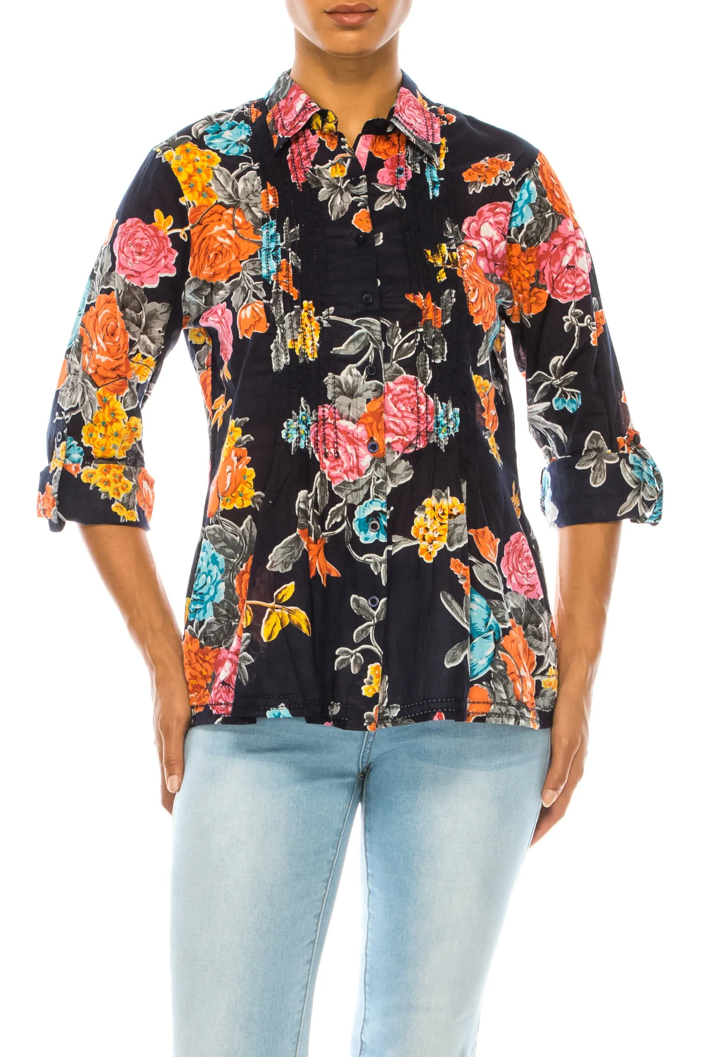 Vintage Navy Floral Shirt with Lace Inserts and Pin Tucks