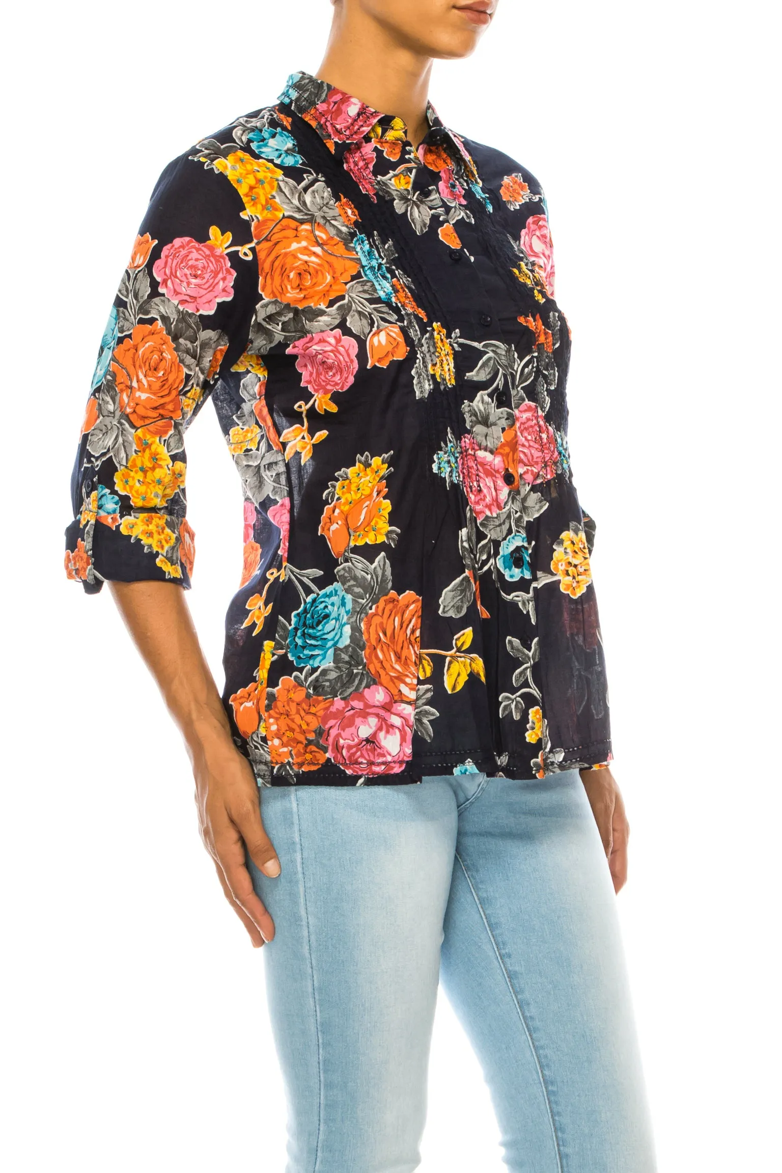 Vintage Navy Floral Shirt with Lace Inserts and Pin Tucks