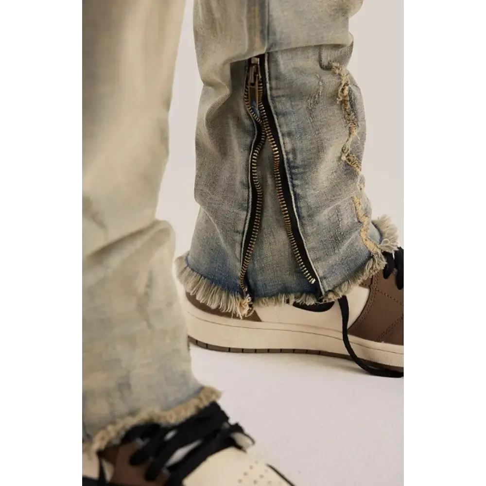 Vintage Washed Denim Ripped Jeans with Distressed Cuffs