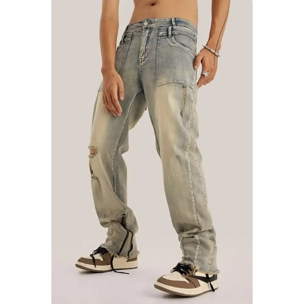 Vintage Washed Denim Ripped Jeans with Distressed Cuffs