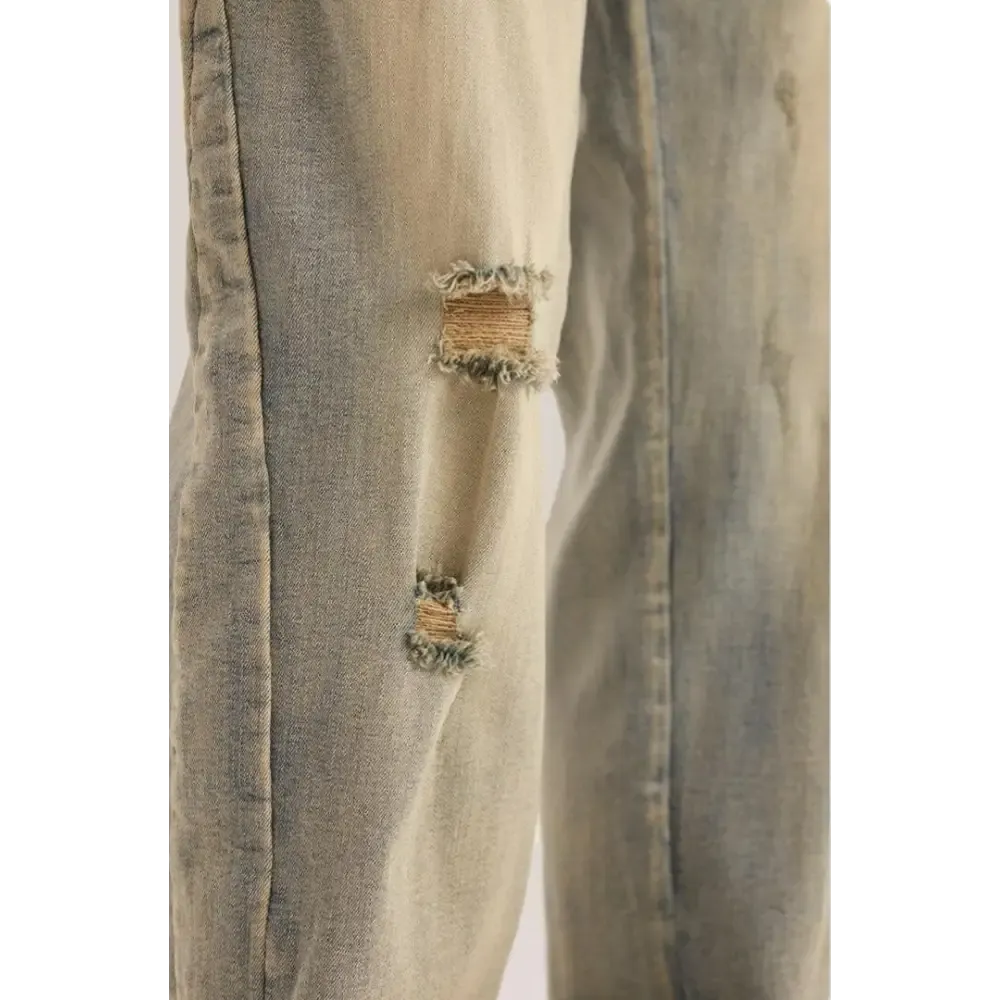 Vintage Washed Denim Ripped Jeans with Distressed Cuffs