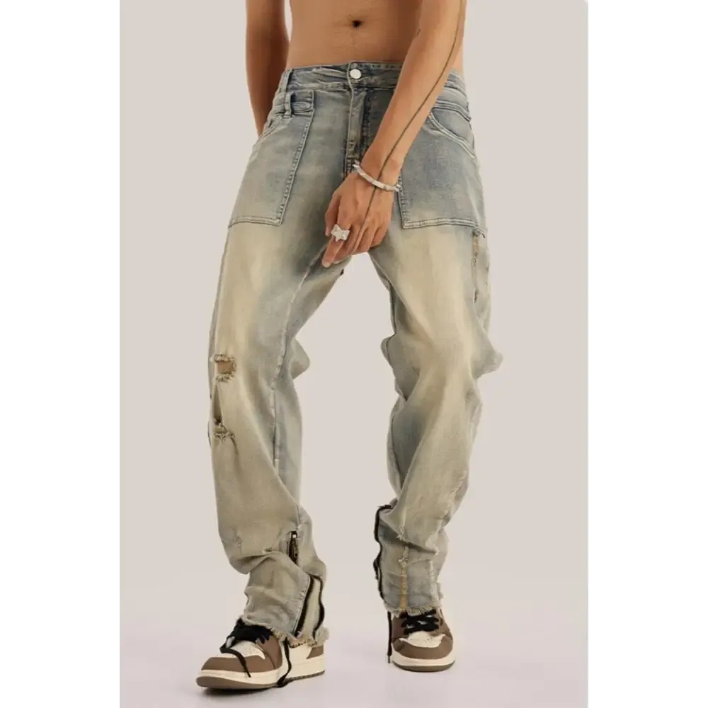 Vintage Washed Denim Ripped Jeans with Distressed Cuffs