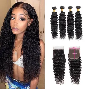 Wavymy Deep Wave Human Hair Weave 4 Bundles with 5x5 HD Lace Closure