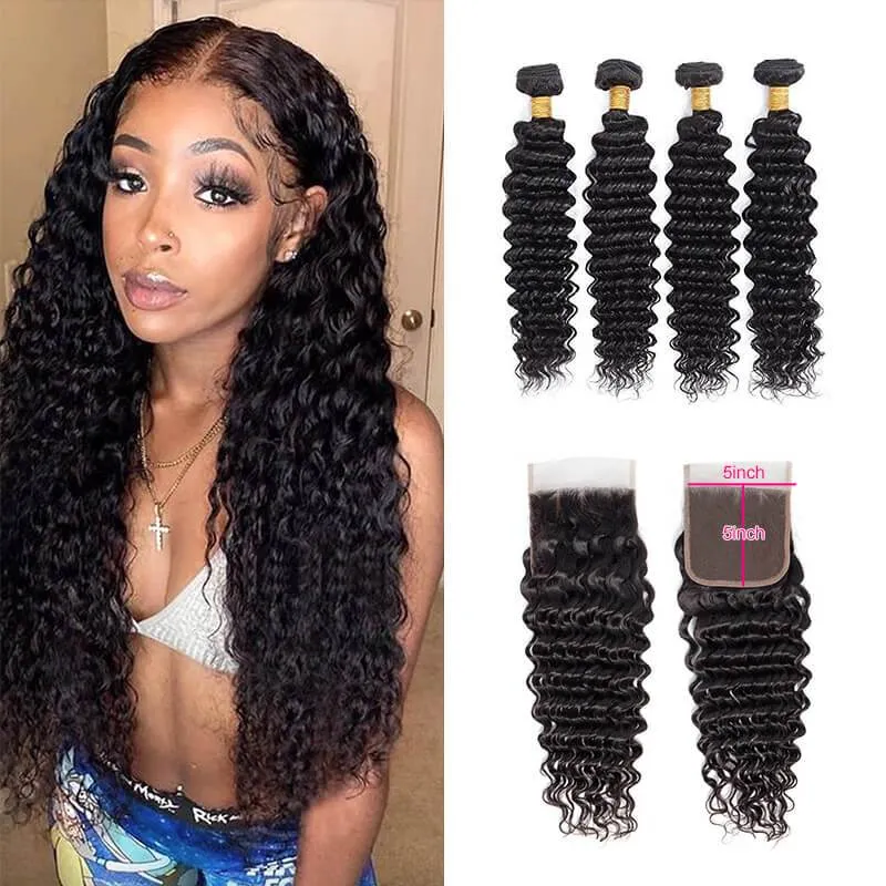 Wavymy Deep Wave Human Hair Weave 4 Bundles with 5x5 HD Lace Closure