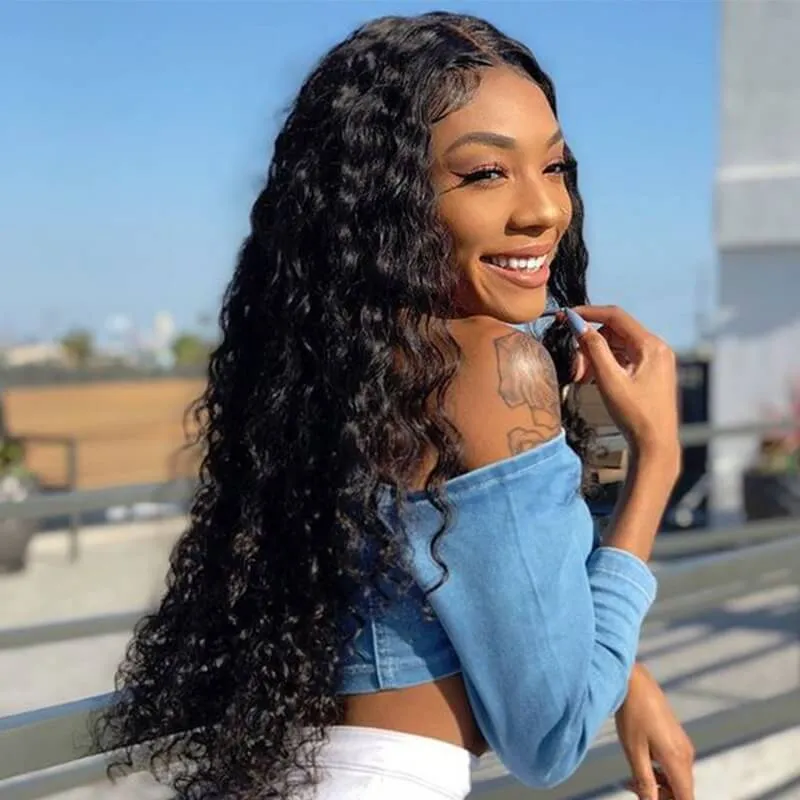 Wavymy Deep Wave Human Hair Weave 4 Bundles with 5x5 HD Lace Closure