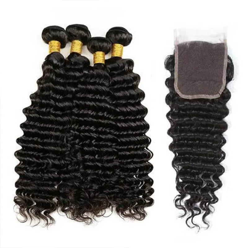 Wavymy Deep Wave Human Hair Weave 4 Bundles with 5x5 HD Lace Closure