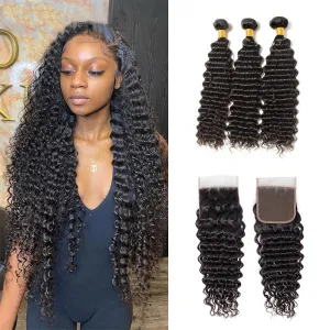 Wavymy Virgin Human Hair Weave Deep Wave 3 Bundles With 4x4 Lace Closure