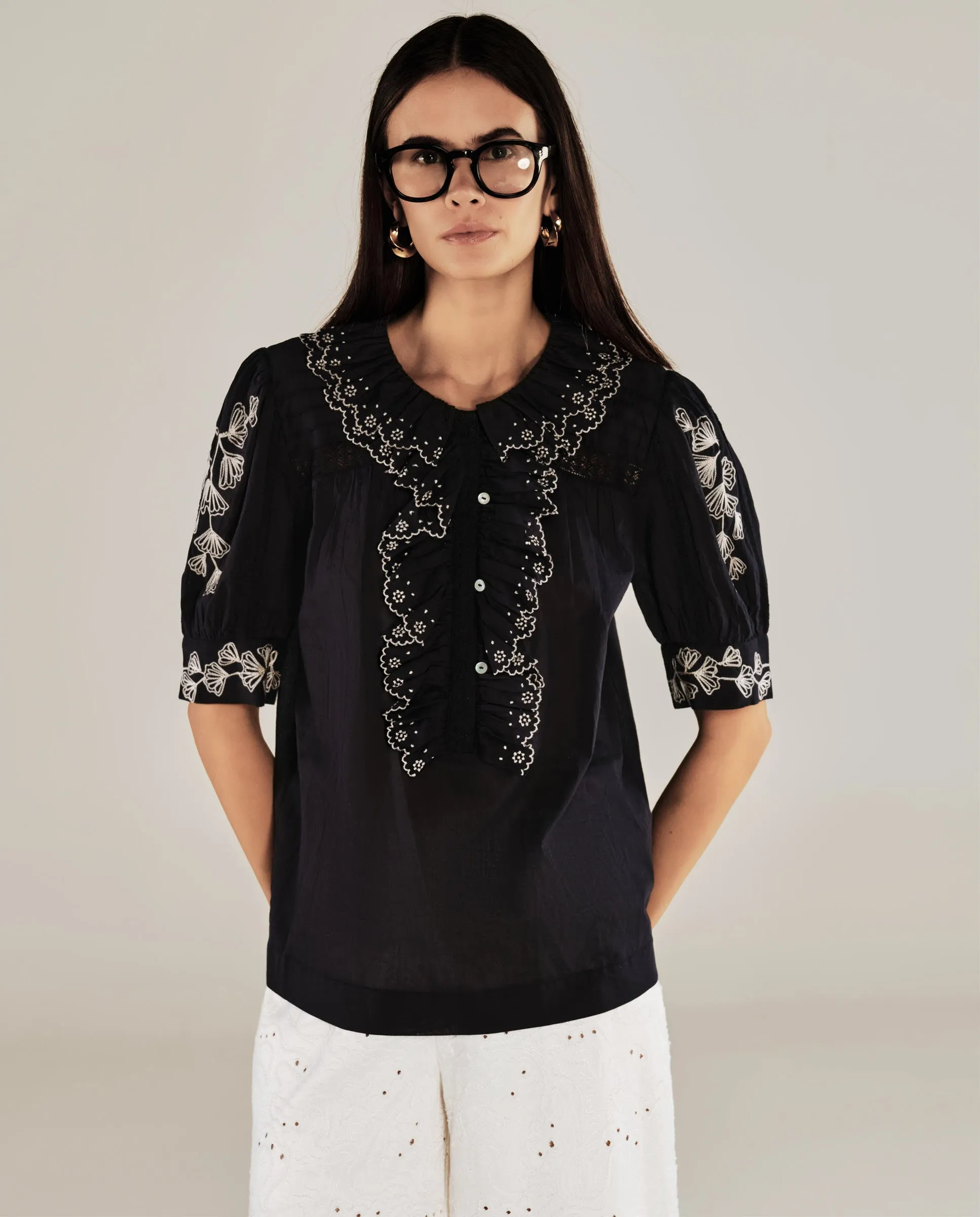 WENDY | Black Embroidery Cotton Blouse