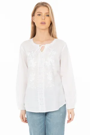 White Boho Blouse with Floral Embroidery and Drawstrings
