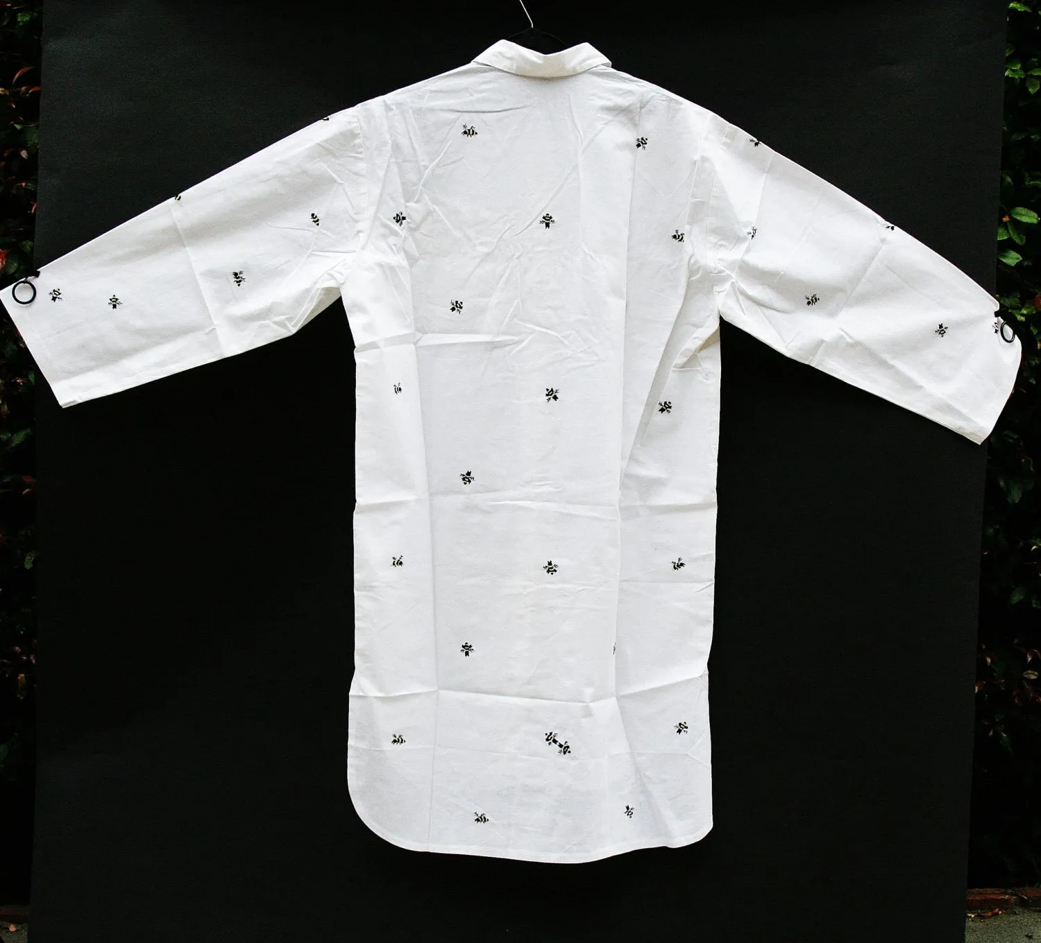 White Lounging Shirt Dress Embroidered Bees  of Madagascar Handmade