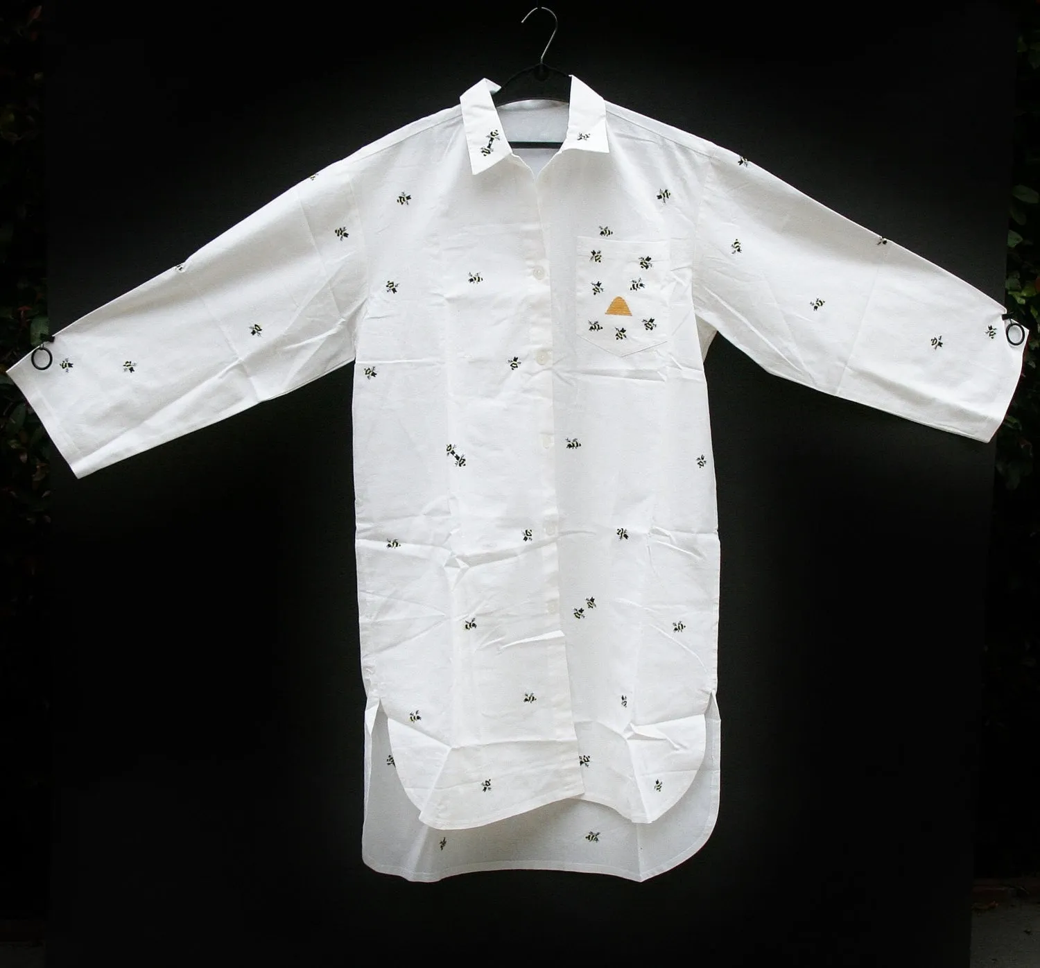 White Lounging Shirt Dress Embroidered Bees  of Madagascar Handmade