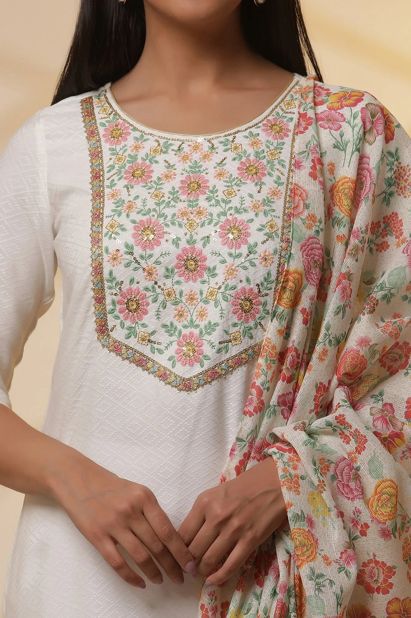 White Metallic Embroidered Kurta, Tights and Floral Dupatta Set