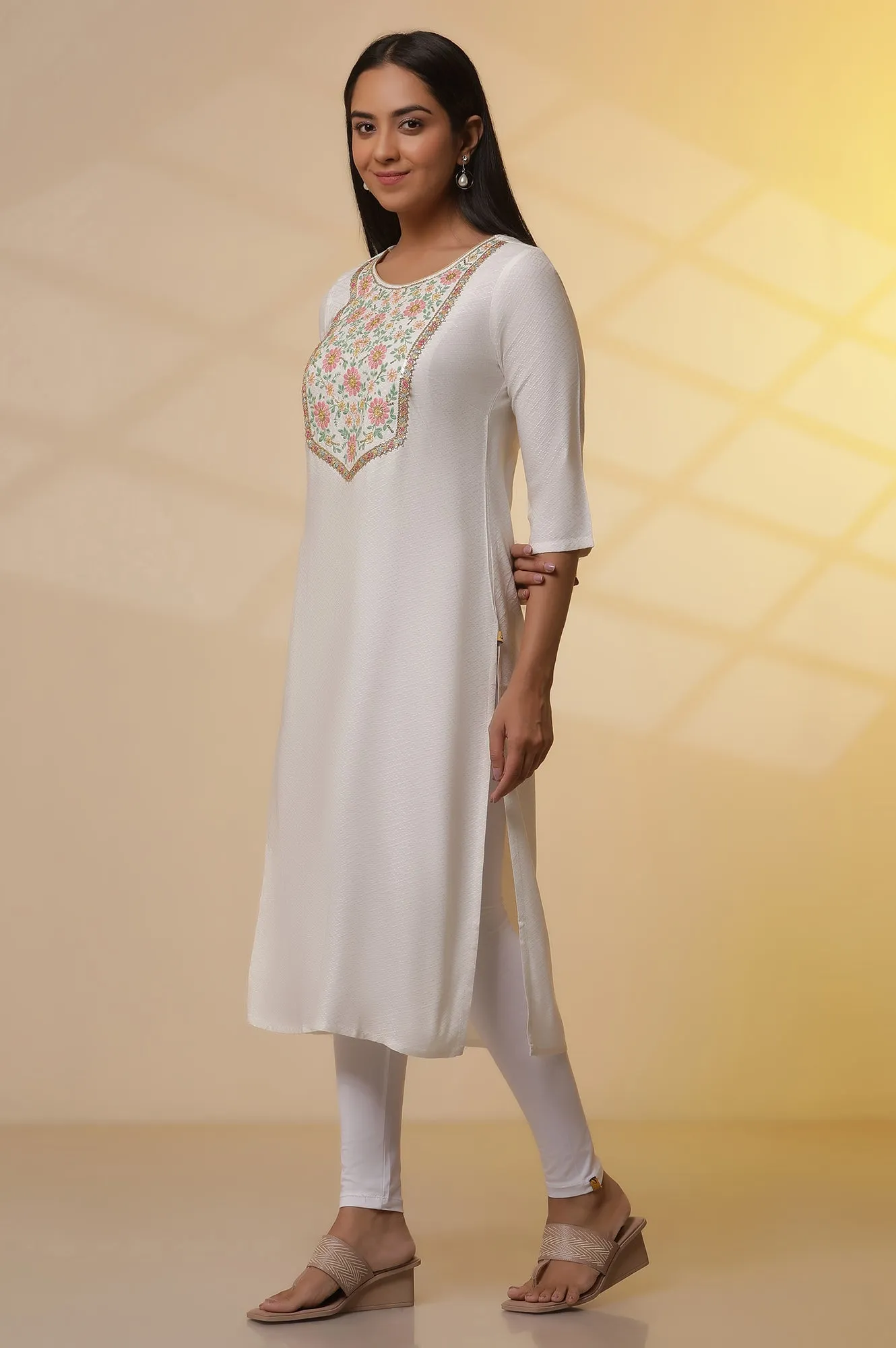 White Metallic Embroidered Kurta, Tights and Floral Dupatta Set